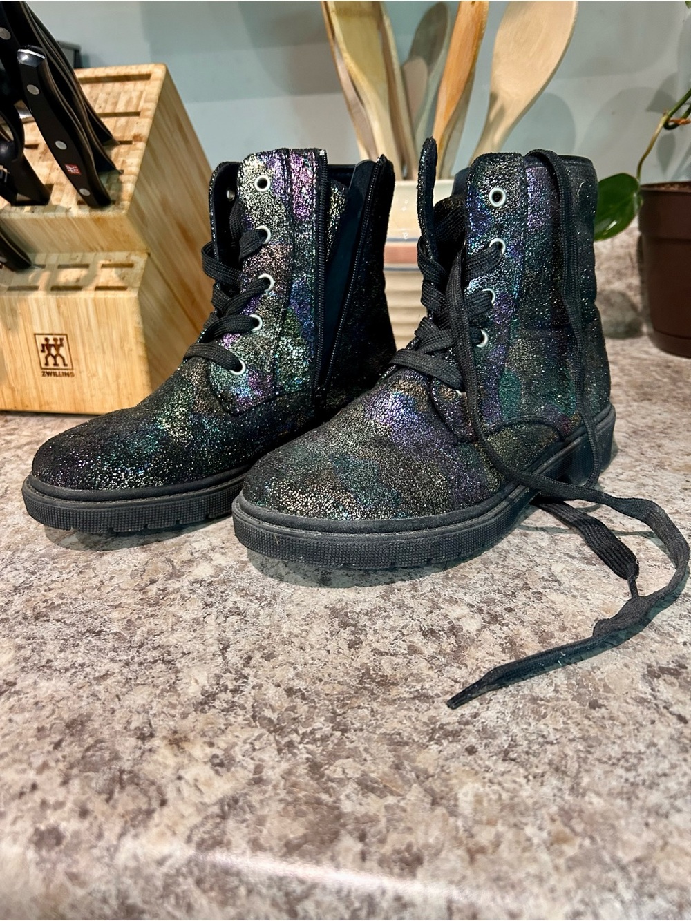 Kids' Glitter Combat Boots - Black Iridescent
